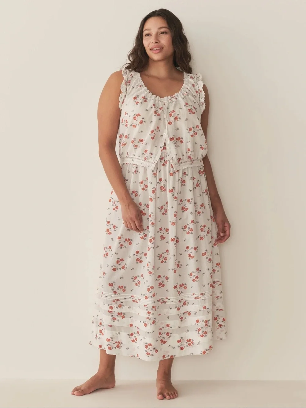 Doen Marcie Cotton Pintuck A Line Midi Maxi Skirt Poppy Fields White Red Floral